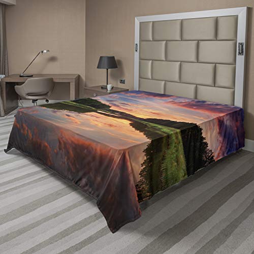 Ambesonne Americana Flat Sheet, Forest Park in Ukraine Scenic Panorama with Water Reflection Picture Print, Soft and Comfortable Top Sheet Decorative Bedding 1 Piece, Full Size, Coral Green Blue