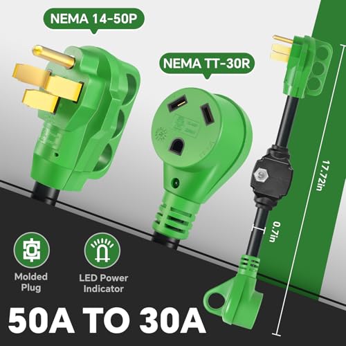 Image of 50A to 30A RV Adapter & Surge Protector for Campers, Trailers - NEMA 14-50P to TT-30R Plug with Circuit Breaker, ETL-Listed 18.5 Inch