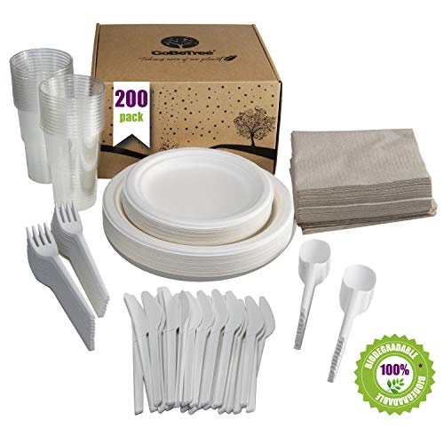 Stoviglie monouso da 200 pezzi per 25 persone. Confezione di stoviglie di canna da zucchero biodegradabile Include 50 piatti, 25 forchette, 25 coltelli, 25 cucchiai, 25 bicchieri e 50 tovaglioli.