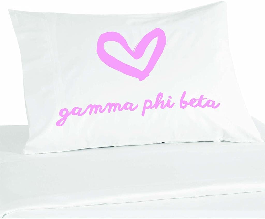sockprints Gamma Phi Beta Pillowcase - Sorority Name with Heart Design Pillow Covers. 100% Cotton Standard Size 20x30 Inches Pillow Case with 220 Thread Count