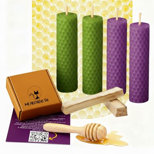 ME HECHIZAS TU® Ritual Mágico Encontrar Trabajo y Tener Buena Suerte | Velas de Miel 100% NATURAL Cera Pura de Abeja - El Pack contiene (4 Velas - 13,7cm x 2,80cm aprox.) + 2 Palo Santo