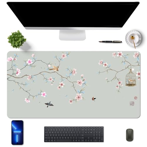 MAYCARI Tapis de Bureau en Cuir PU Imperméable Tapis de Souris Grand 80x40 cm Mouse Pad pour Bureau/Maison, avec Motifs de Fleur de Pêcher