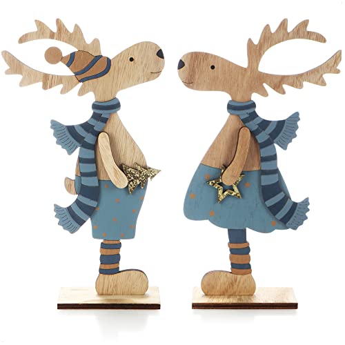 com-four® 2X Espositori Decorativi per Natale - Renne in Legno da posare - espositori Natalizi da Decorare e Regalare (Renna XXL - Blu + Oro)