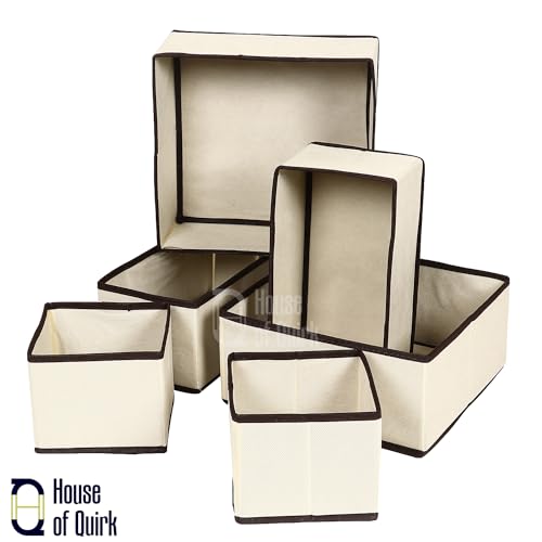 Image of House of Quirk Non-Woven Foldable Cloth Storage Box Closet Dresser Drawer Organizer Cube Basket Bins Containers Divider with Drawers for Clothing for Underwear,Bras,Socks,Ties,Scarve,Set of 6 (Beige)