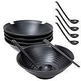 Large Melamine Soup Bowls with Chopsticks and Spoons for Ramen (Black, 4 Sets)