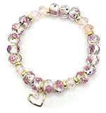 Women's Elegant Handcrafted White Lampwork Gold Sand Glass Beaded Stretch Bracelet with Pink Rose Design, All Accents and Heart Charm Non Tarnish 18K Gold Plated