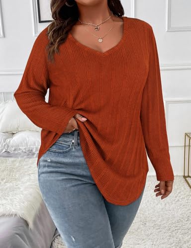 Image of Koscacy Women Plus Size Casual Knit Sweater V Neck Solid Color Tops Lightweight Long Sleeve Blouses