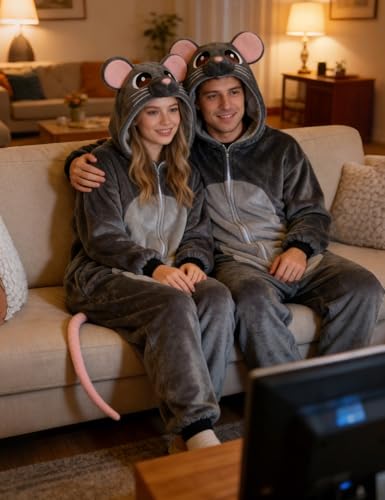 BWVQNO Adult Mouse Costume,Rat onesie Flannel Mouse Halloween Cosplay Costume Women Men