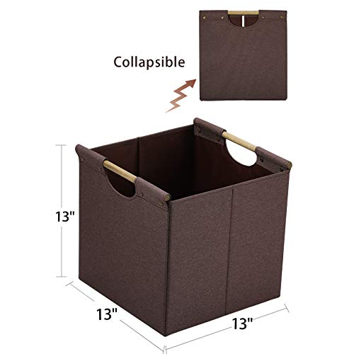 Hoonex Collapsible Storage Bins, 13X13X13 Inches Storage Cubes Linen Fabric, 3 Pack, Storage Baskets With Wooden Carry Handles And Sturdy Heavy Cardboard, For Home, Office, Car, Nursery, Brown #TOP2