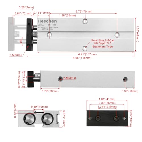 Heschen Doppeltwirkender pneumatischer Luftzylinder, TN10-60, Bohrung 10 mm, Doppelstab-Aluminium, mit Magnet, für die automatische Ausrüstung (Hub: 60 mm)