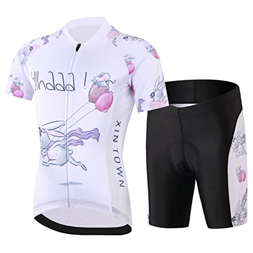 SXSHUN Maillot de ciclismo para niños y niñas, con acolchado para el asiento, manga corta, trajes de ciclismo, Blanco, 104-110