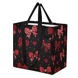miaozhen Bolsa grande de lona de moda para cocina, bolsa grande para hombres, viajes, playa, boda, lavandería, San Valentín, lazo a cuadros, corazones, rojo y negro