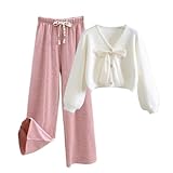 Korean Style Knit Sweater Cardigan Casual Wide Leg Pants Two- Elegant Women' Set Winter Tracksuit s2 pcs set S