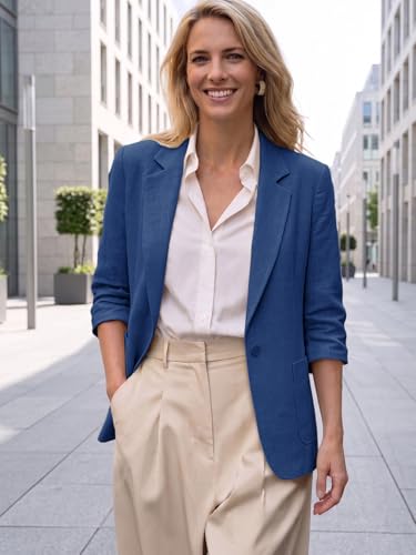 Image of Mina Self 2026 Summer Women's Linen Blazer Jacket - Lightweight Breathable 3 /4 Stretchy Ruched Sleeve Casual Work with Pocket