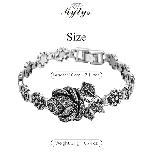 Vintage Charm Bracelet for Women Elegant Black Onyx and Marcasite with Silver Rose Flower Design, Retro Ideal for Women's Jewelry Gifts4