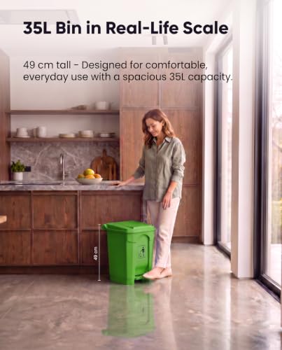 Image of pedal dustbin with lid, heavy duty plastic garbage bin, hands-free step-on waste bin for kitchen, office, home, hotel, bathroom & outdoor use (Citrus Green, 35 Liters)