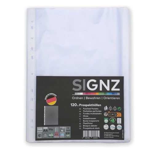 SIGNZ Prospekthüllen (DIN A4 55 my) 120 Stück genarbt CO2-neutral hergestellt made in Germany