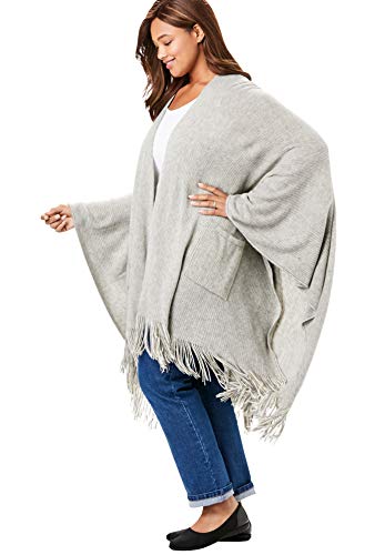 Woman Within Women's Plus Size Fringed Cape Sweater, Heather Grey Ivory Marled White #TOP3