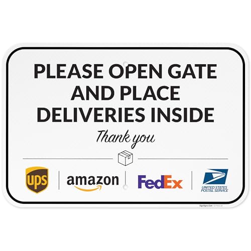 Image of Package Delivery Sign, Delivery Instructions Open Gate and Leave Delivery Inside Sign, 12x18 Inches, 3M EGP Reflective .063 Aluminum, Fade Resistant, Made in USA by Sigo Signs