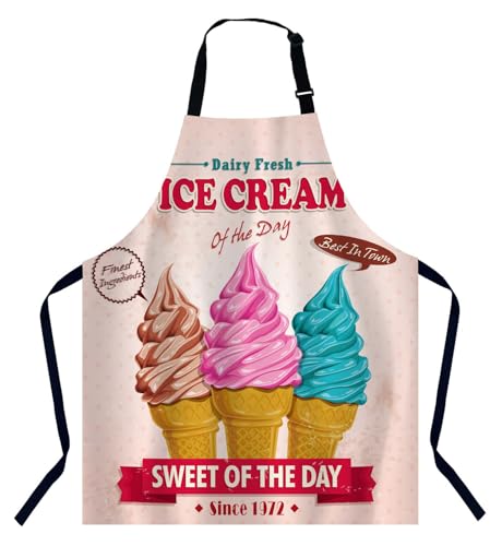 Xuwenz Vintage Ice Cream Design Kitchen Apron for Women Men, Unisex Adjustable Cooking Apron, Waterproof Apron for Home Kitchen, Restaurant, Coffee House