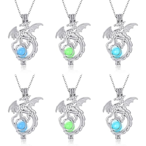Kigeli 6pcs Glow in the Dragon Necklace Wings of Fire Necklace Stainless Steel Dragon Luminous Pendant Gift for Men Women Green Blue Sky Blue