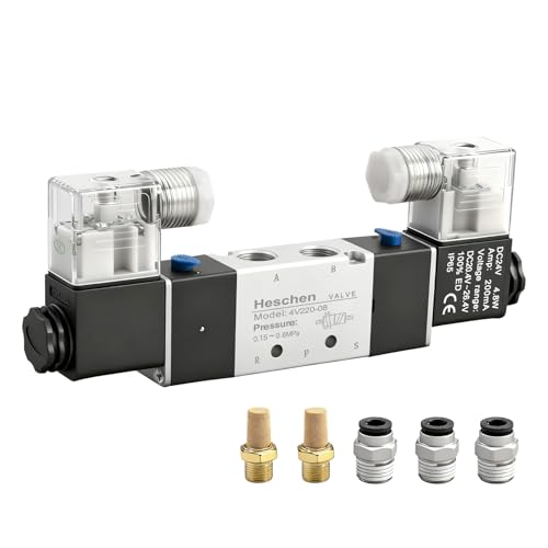 Heschen Válvula solenoide neumática eléctrica 4V220-08 24VDC PT1/4 5 vías 2 posiciones doble bobina operada por piloto, CE eléctrico con accesorios y silenciador