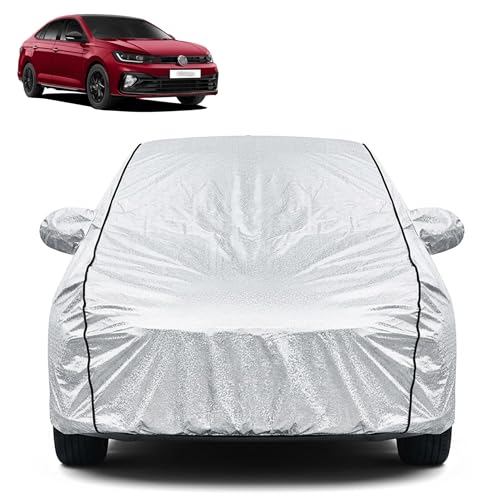 Image of Waterproof Car Cover for Volkswagen Virtus | Dustproof, UV Resistant & Scratch Protection | Soft Cotton Lining | Triple Stitched | Mirror Pockets & Elastic Fit | Silver