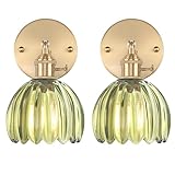 Shenmoyl Vintage Wall Sconces Set of 2 with Cute Green Tulip Glass Lampshade 180 Degree Adjustable Brass Sconces Hradwired Modern Wall Lighting Fixture with Switch for Bedside Bedroom Doorway