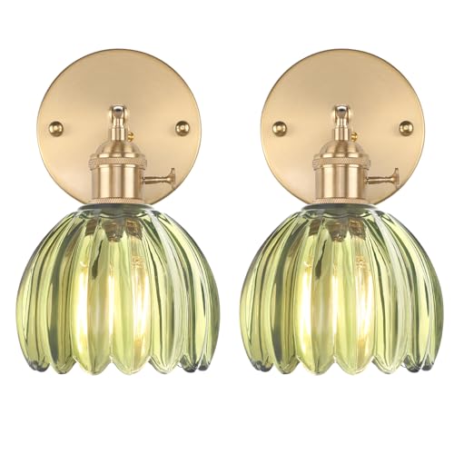 Shenmoyl Vintage Wall Sconces Set of 2 with Cute Green Tulip Glass Lampshade 180 Degree Adjustable Brass Sconces Hradwired Modern Wall Lighting Fixture with Switch for Bedside Bedroom Doorway
