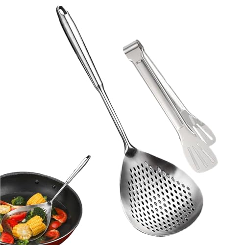 Stainless Steel Skimmer Ladle | Ergonomic Strainer Spoon | Kitchen Strainer Spoons | Slotted Spoons Home Cooks | Frying Skimmer Spoon with Clip | Heat-Resistant for Frying or Skimming - immagine 3