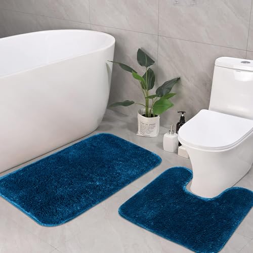 Image of Pano Microfiber Anti-Slip Bathmat Set with Contour Mat Turquoise | Pack of 2 (50x75 cm & 50x50 cm) | Non-Slip Quick-Drying Mats for Shower, Bathroom & Kitchen | Vibrant Color