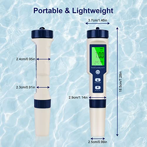 Flintronic Miernik pH, 5 w 1 TDS/EC/zasolenia/temp/pH tester basenu, cyfrowy miernik PH, automatyczna kompensacja temperatury, dokładny wyświetlacz LCD, do basenu, spa