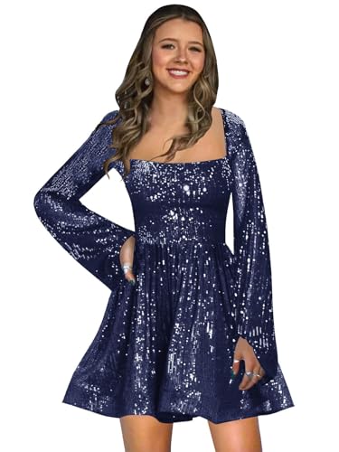 Sparkly Sequin Homecoming Dresses for Teens Long Sleeve A Line Square Neck Short Mini Cocktail Party Dress