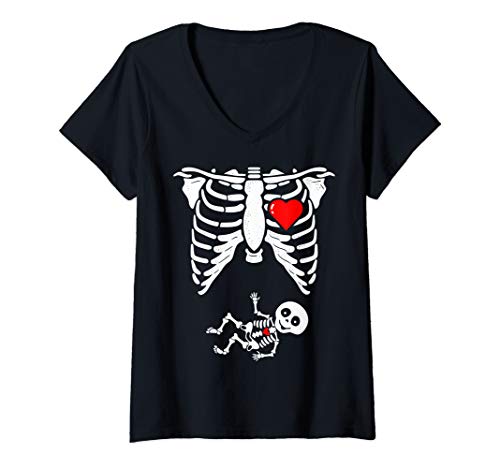 Damen Schwangere Skeleton Shirt Baby X-Ray Halloween Pregnant T-Shirt mit V-Ausschnitt
