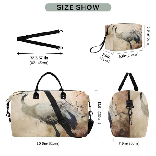 Large Travel Duffel Bag, Watercolor Crane Sports Tote Gym Bag, Shoulder Weekender Overnight Bag for Women Men, Carry On Luggage with Toiletry Bags3
