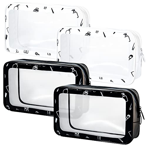 Horien TSA Approved Clear Travel Toiletry Bag Wih Zippers Toiletries Cosmetic Pouch Makeup Bags Carry-on Travel Accessories Quart Size Bag Airport Airline Compliant Bag Pack of 4 Black & White