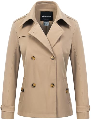 CREATMO US Women's Cropped Trench Coat Classic Double Breasted Lapel Jacket Water Repellent Outerwear
