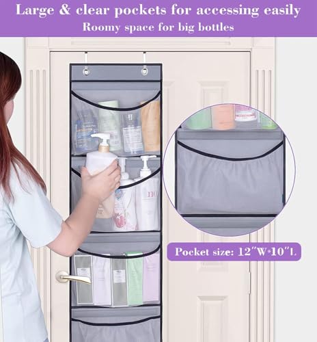 MISSLO 2 Pack Over the Door Storage Hanging Organiser with 5 Mesh Pockets Organizer for Bedroom, Bathroom, Closet, Wardrobe, Grey - Image 3