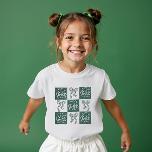 Kids St Patricks Day Shirt Girls Bow Shamrock Clover Lucky Graphic T-Shirt Irish Short Sleeve Tee Tops 7-12 Years2
