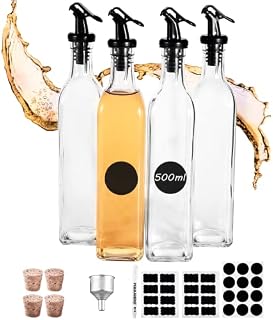 Miorkly Oil Bottle 500ml 4 Pcs Oil Dispenser, Oil and Vinegar Dispenser Set, Lead Free Glass Material, Olive Oil Bottle/Vinegar Bottles/Wine Bottles, With Oil Pourer, Cork, Label, Pen and Funnel