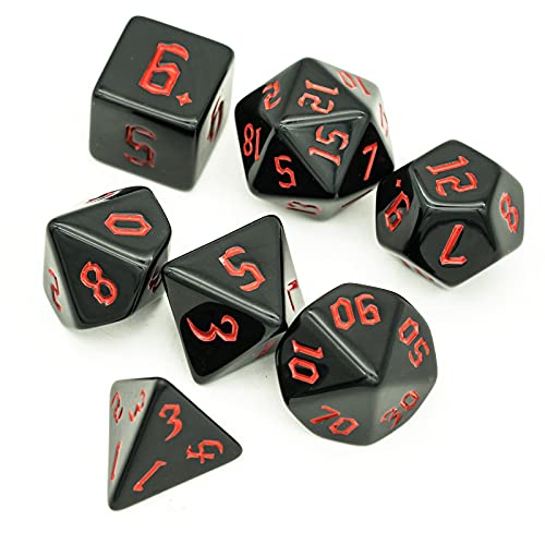 Image of 7-Die Polyhedral DND Dice Set, Black D&D Dice with Leather Pouch for Role Playing Games, Black with Red Number, D4 D6 D8 D10 D12 D20 D%