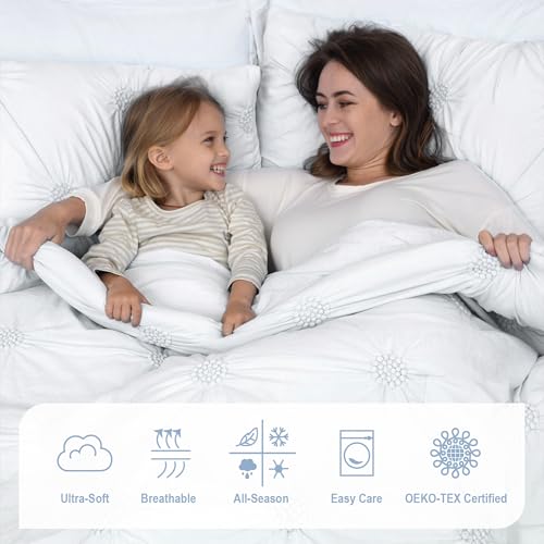 Image of Swift Home Full /Queen White Comforter Set - Ruched 3D Floral Pintuck Bedding Set - 3 Pieces Bed Linen, 1 Comforter and 2 Pillow Shams