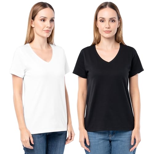 Fruit of the Loom Women's Short Sleeve V-Neck T-Shirt, 2 Pack, White/Black, Medium