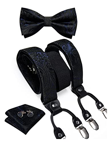 Image of DiBanGu Paisley Bow Tie and Supenders for Men Tuxedo Heavy Duty 6 Clips Suspender Adjustable Y-Shape Mens Trouser Braces