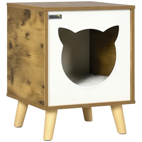 Pawhut Casetta in legno per gatti casa per gatti interni corva di gatti con cuscino lavabile e gambe rialzate 34 x 34 x 44,5 cm marrone