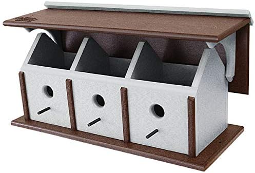 Amish Made Recycled Plastic Triple Wren House Horizontal Bird Shelter, Durable USA Made Outdoor Birdhouse with Lift-Up Roof, Brown and Gray Songbird Condo Nest Box