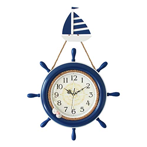 HXFFXHF Horloges TONPOP Horloge Murale décorative en Bois Massif de Style méditerranéen créatif, Ancre, Cloche, Roue de Navire, gouvernail, Volant
