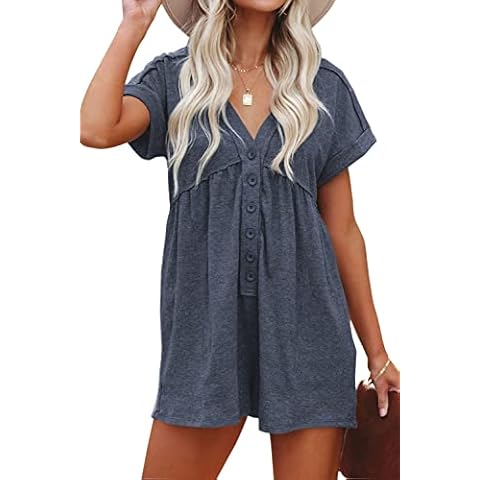 ReachMe Womens Short Sleeve Summer Rompers Casual Loose Fit V Neck Jumpsuits Sexy Belted Short Romper jumpers(01 Blue,L) Cover