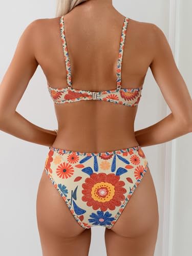 Image of Fanuerg Women's Triangle Bikini Sets O Ring Linked Two Piece Swimsuits Floral Printed Cheeky Bathing Suit