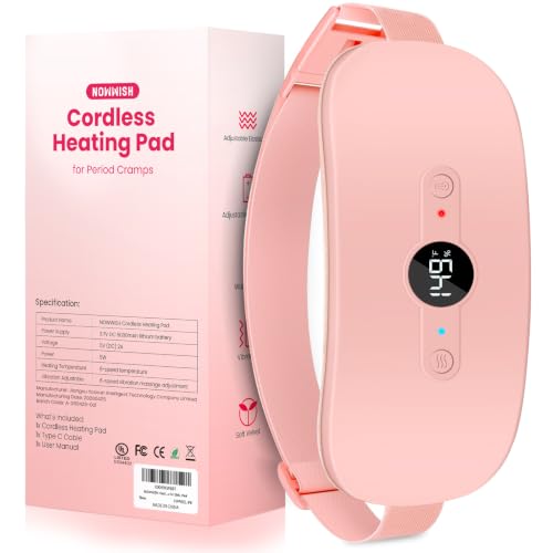 Image of NOWWISH Heating Pad for Period Cramps Portable Electric Cordless Menstrual Heating Pad Rechargeable with 6 Heat Levels and 6 Massage Modes, Gifts for Women, Dorm Room Essentials for Girls, Pink